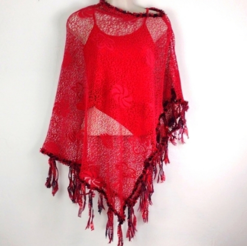 Not Your Mama's Pocncho Red Crocheted Killer Fring Super Cool Must Have Poncho! - Picture 10 of 10